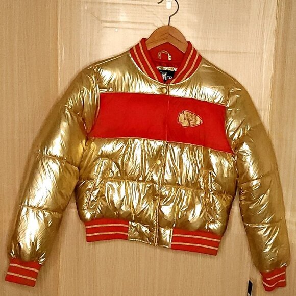 GIII For Her Kansas City Chiefs Womens New Metallic Gold Red Puffer Jacket Small - Picture 1 of 10